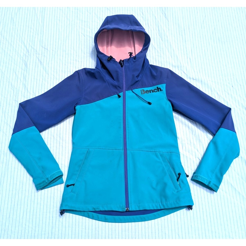 Bench Jacket Women's Small Purple Teal Hooded Softshell Zip Up‎ Logo Hiking
